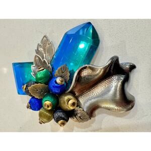 Large Artisan Crystal Silk Bead Botanical Statement Brooch Blue Green Jewel Tone